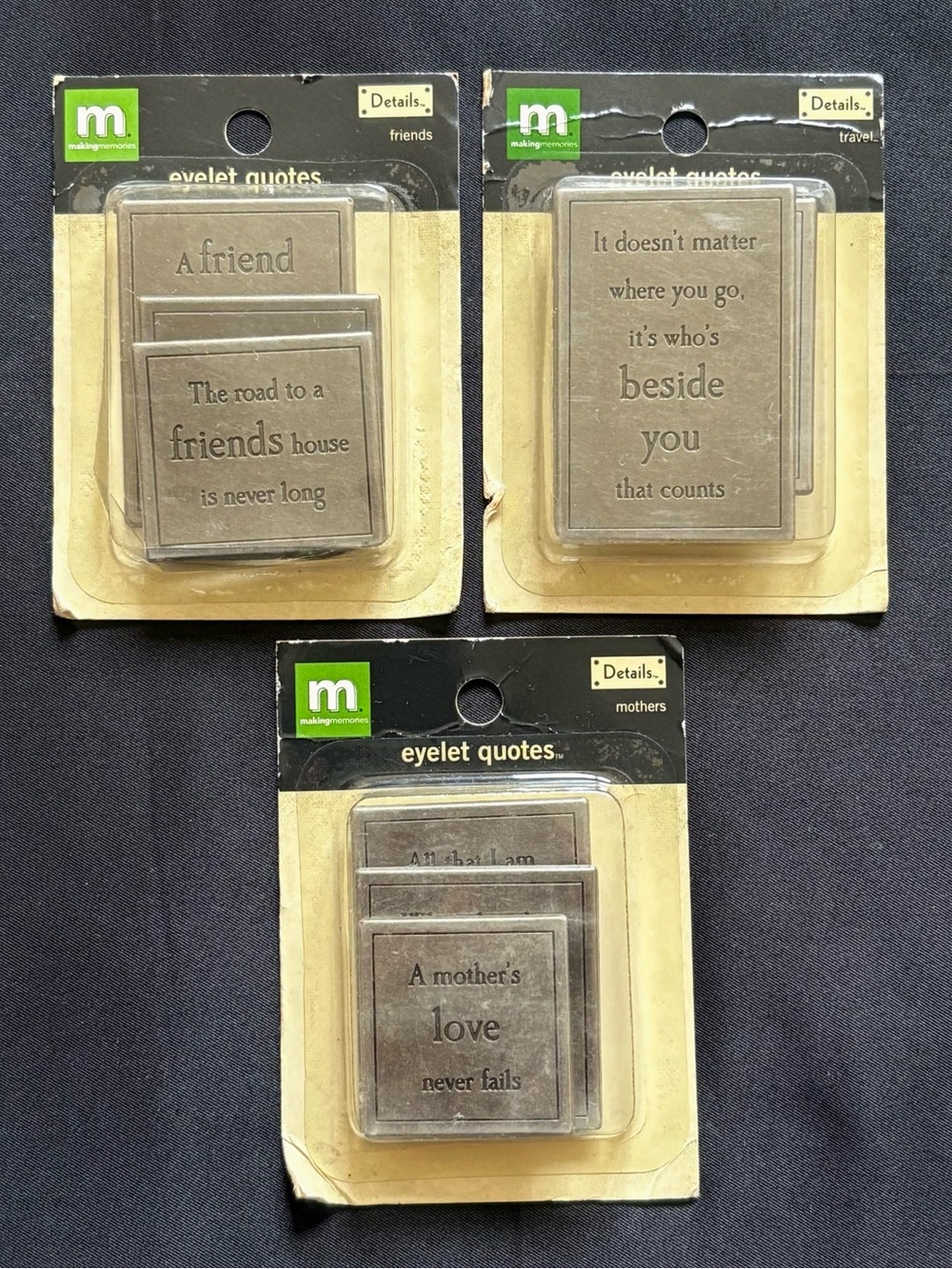 Making Memories Metal Eyelet Quotes Charms Scrapbooking Craft Lot of 3 Packs NEW